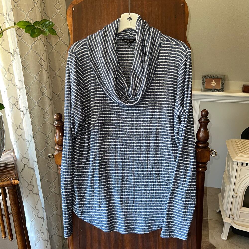 Lucky Brand Women's Cowl Neck Sweater Bonne Chance Striped Pullover Large Blue